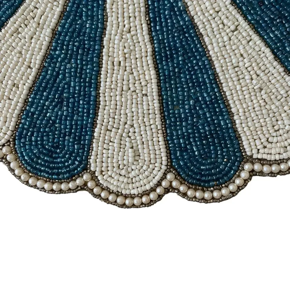 Tiramisu Hand Glass Beaded Placemat Charger Round Scalloped Edge Blue Cream NEW
